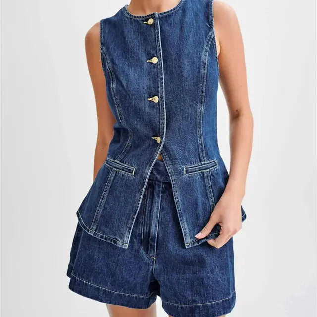 Marella Denim Button Up Top & Shorts Set