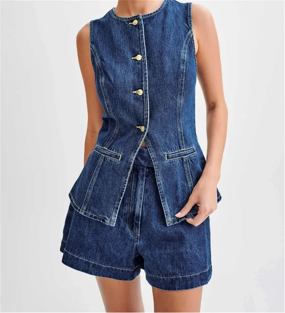 Marella Denim Button Up Top & Shorts Set